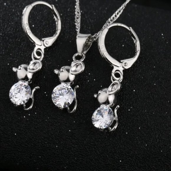 💎 NEW 💎 Little Mouse 925 Sterling Silver Earrings And Necklace Set Bundle - Picture 4 of 7